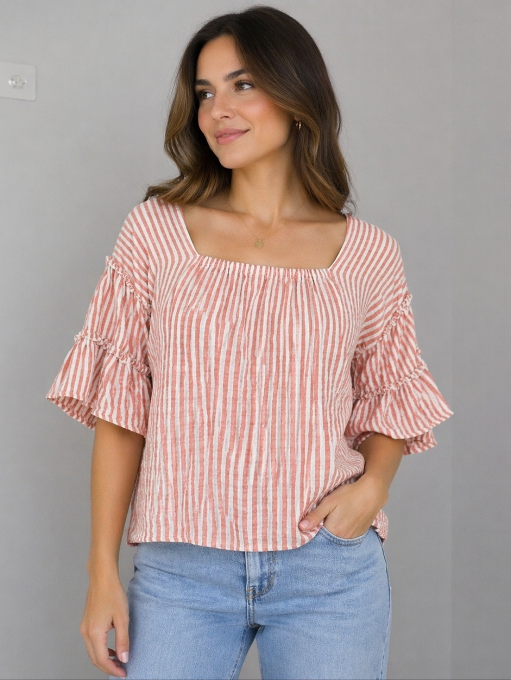 Cato Coral White Striped Ruffle Sleeve Blouse Boho Peasant Cut Out XL Top